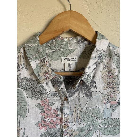 artisanNY 100% Linen Size Large Button Up Collared Cropped Short Sleeve Tropical - Picture 3 of 9